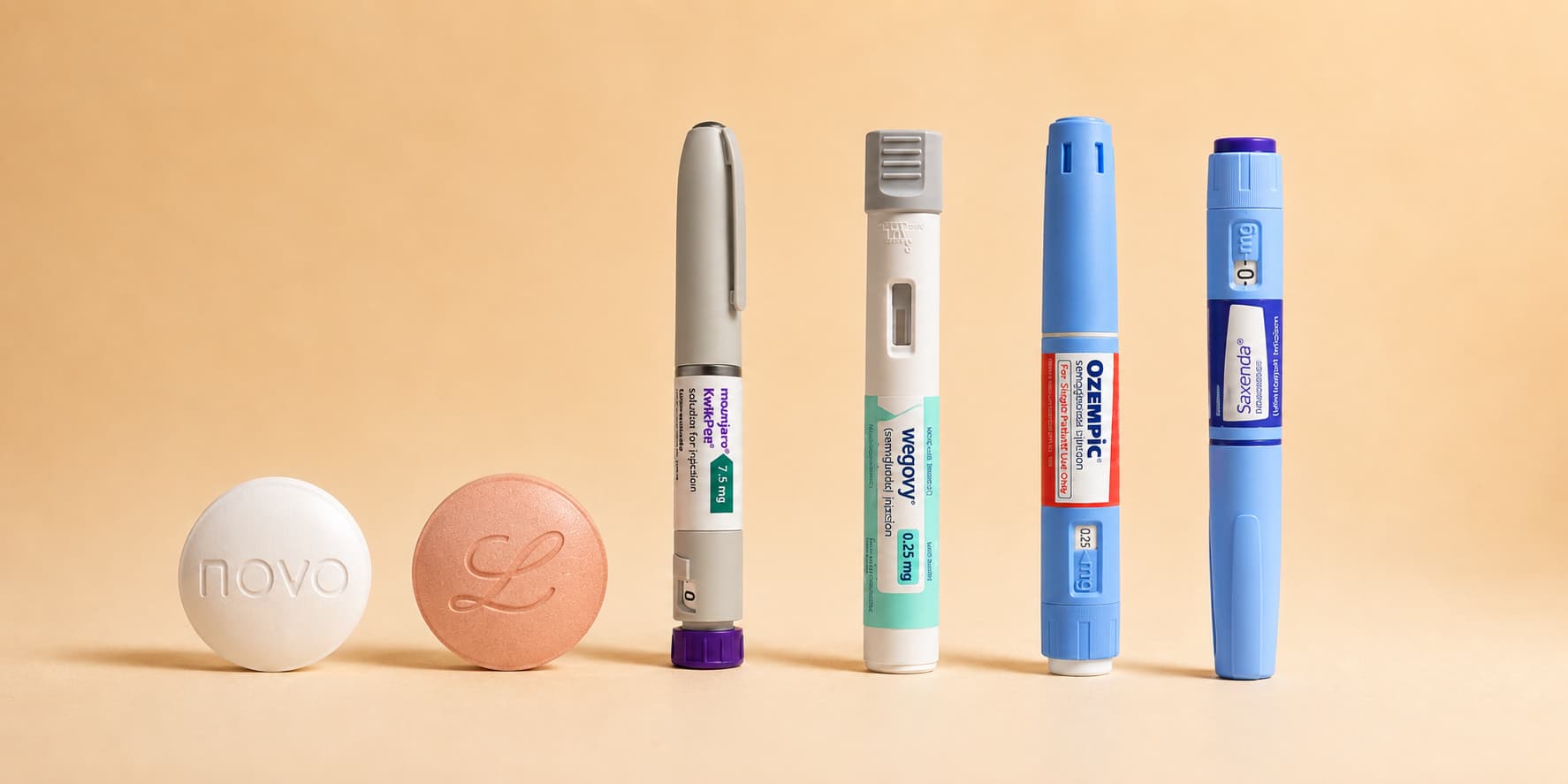 GLP-1 weight-loss medicines side by side: two tablets and the Mounjaro, Wegovy, Ozempic and Saxenda injection pens