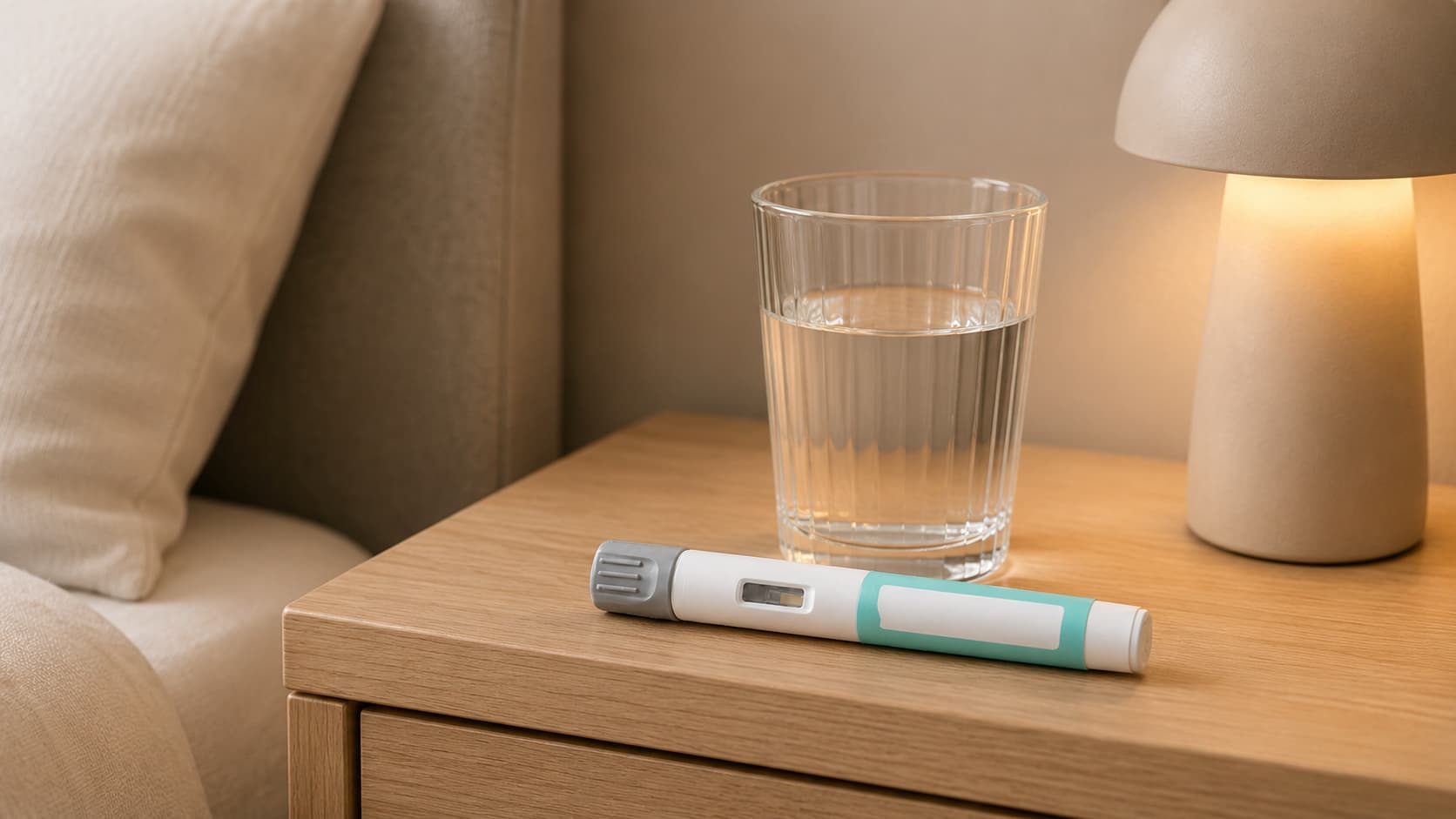 Een injectiepen en een glas water op een nachtkastje