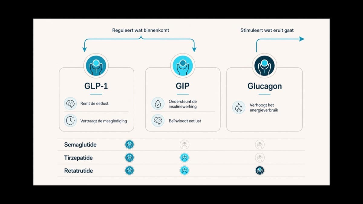 Schema van de drievoudige werking van retatrutide op de GLP-1-, GIP- en glucagonreceptor